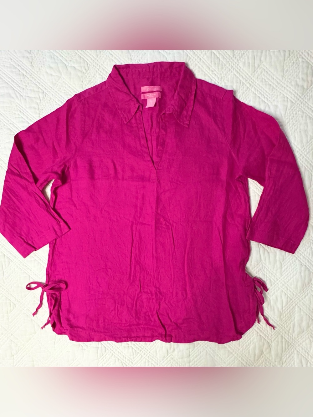 Isaac Mizrahi Bright Hot Pink Split-Neck Linen Tunic Size Medium 3/4 Sleeve